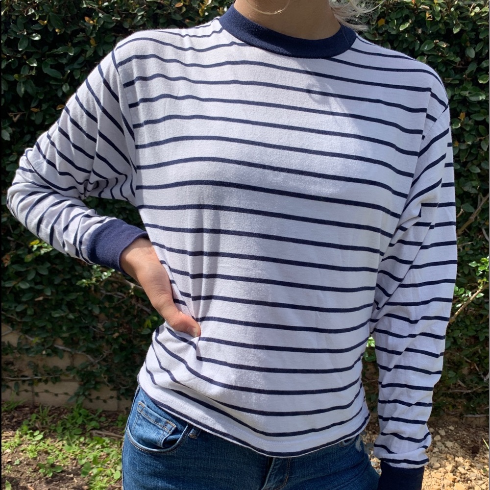 striped white and navy blue brandy long sleeve
